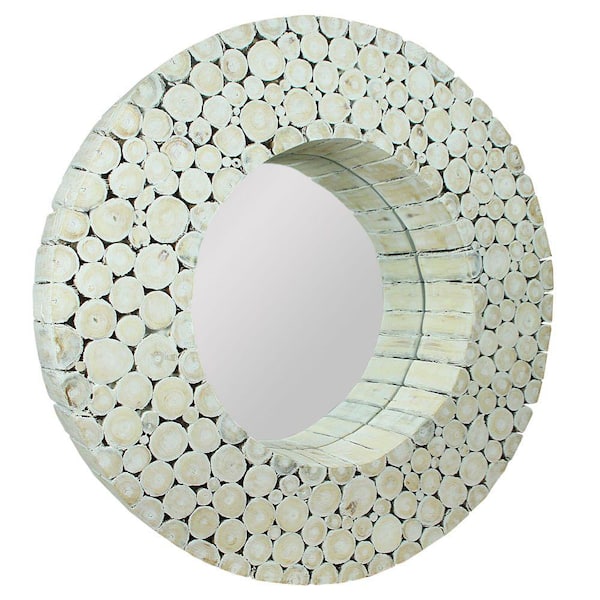 Benjara 24 in. H x 1.3 in. W Washed White Round Wooden Wall Mirror with Log Frame
