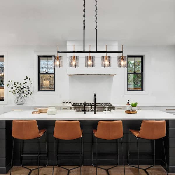 Kristie Modern 5-Light Black and Plated Brass Linear Chandelier with Grey Geometric Ice Glass Shades