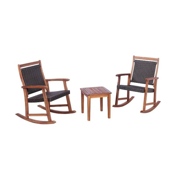 ANGELES HOME Reddish Brown 3-Piece Wood Outdoor Patio Conversation Rocking Chair Set