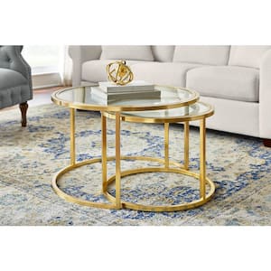 Cheval 2-Piece 30 in. Gold/Glass Medium Round Glass Coffee Table Set with Nesting Tables