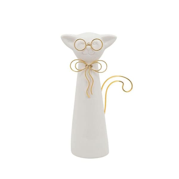 Liv & Skye White 5 in. x 8 in. Ceramic Cat Wearing Glasses Figurine