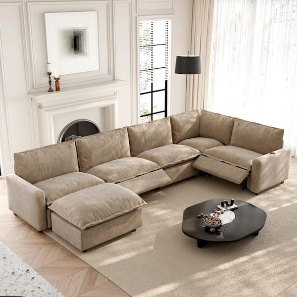 Power Recliner 140 in. Square Arm Khaki Linen 6-Pieces U-Shape Modular Sectional Sofa with Ottoman, Heat and USB Ports