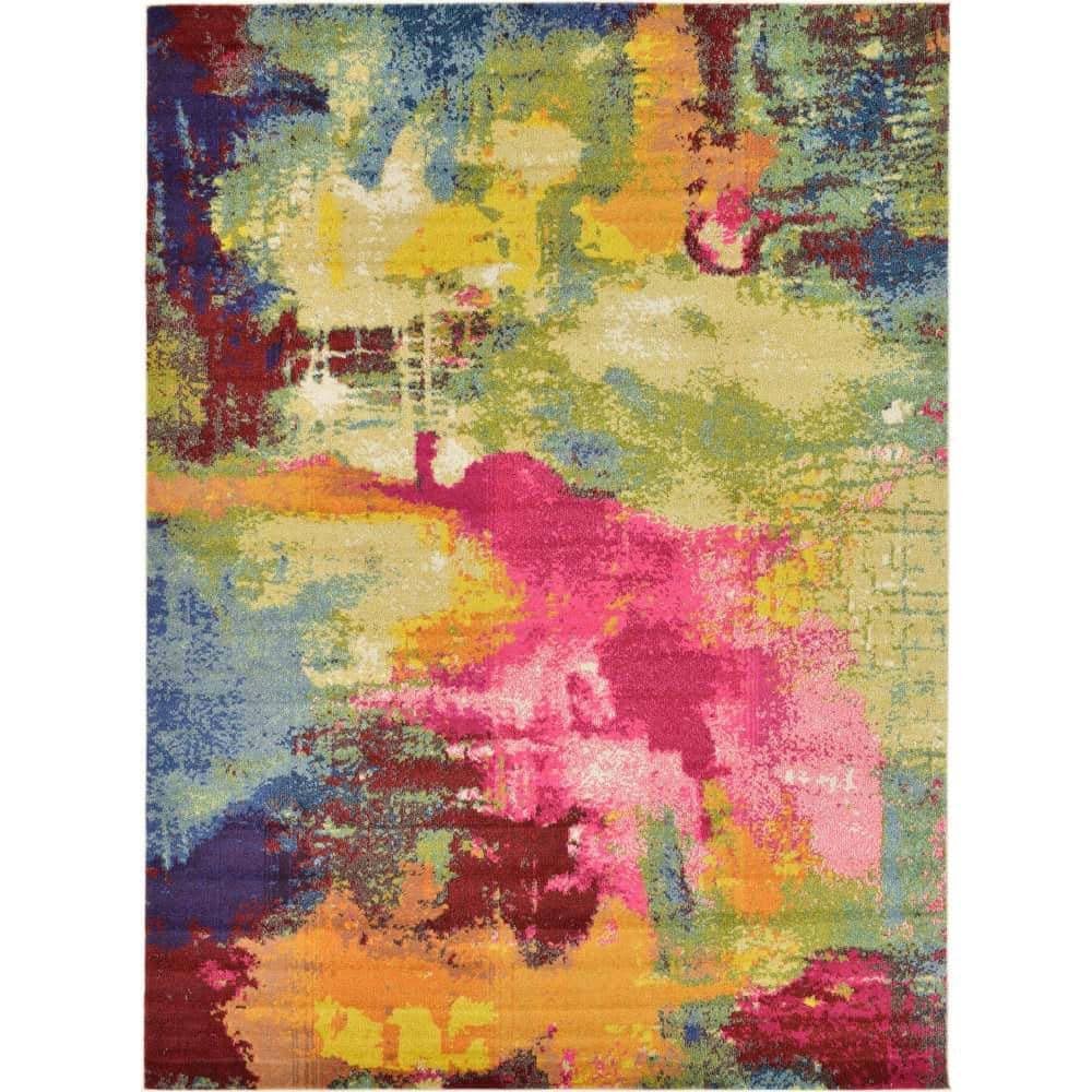 Light Blue Abstract Easy-Care Rectangular Synthetic Rug