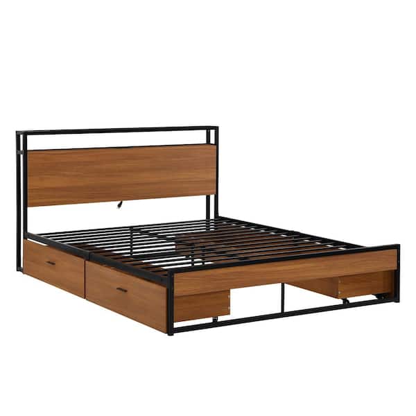 Polibi 62.00 in. W Black Metal Frame Queen Platform Bed with 4 Drawers, Sockets, USB Ports and Slat Support