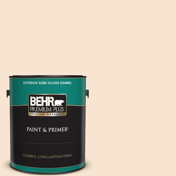 BEHR PREMIUM PLUS 1 gal. #OR-W03 Mannequin Cream Semi-Gloss Enamel Exterior Paint & Primer