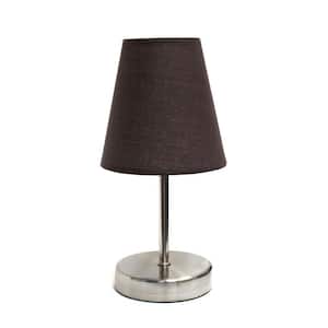 10.5 in. Espresso Brown Traditional Petite Metal Stick Bedside Table Desk Lamp in Sand Nickel with Fabric Empire Shade