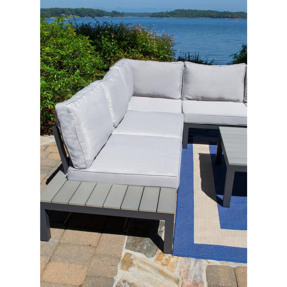 Light Gray Aluminum 5-Person Outdoor Sectional Set with Poly-Lumber Table