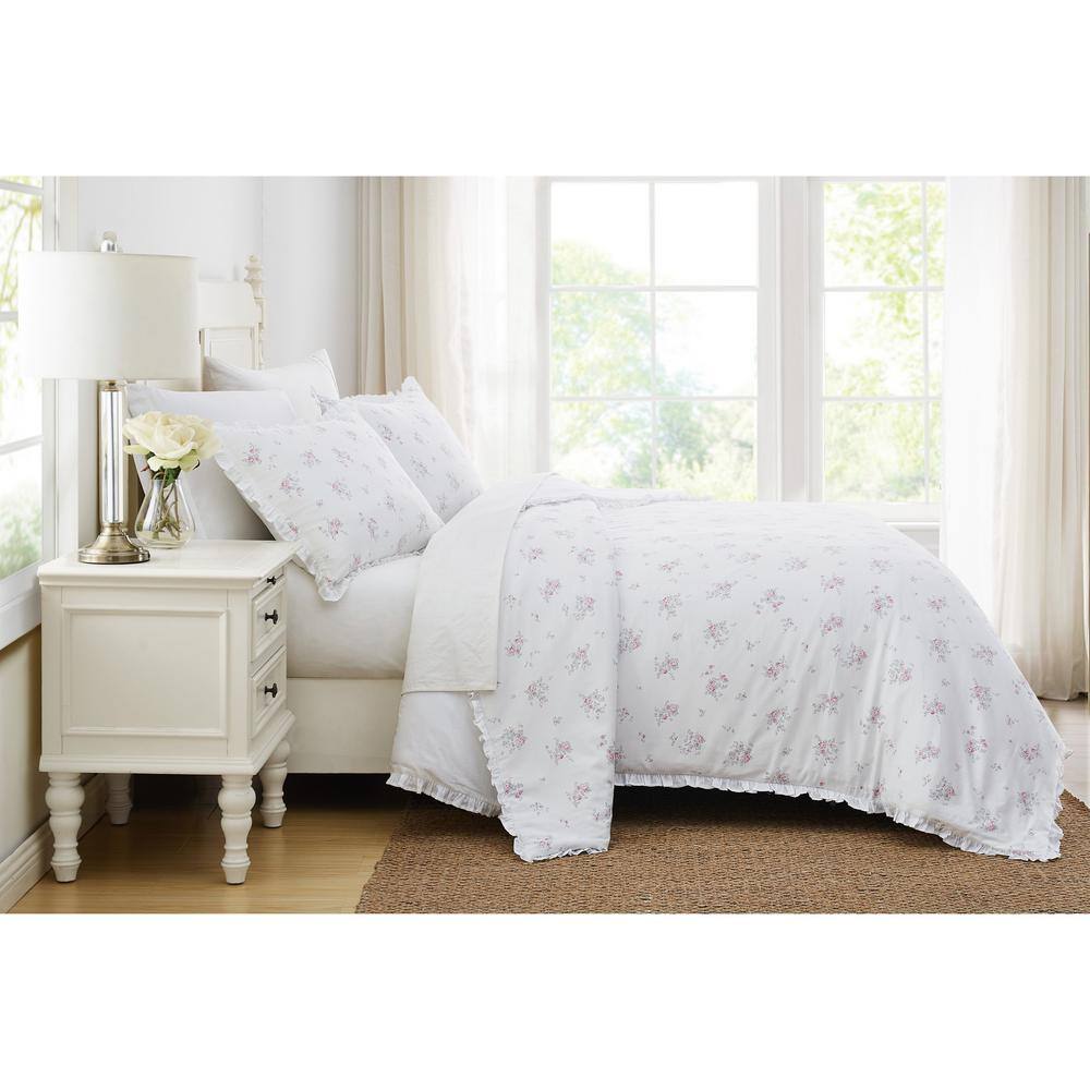 Rosebury White and Pink Cotton Ruffled Full/Queen Duvet Set