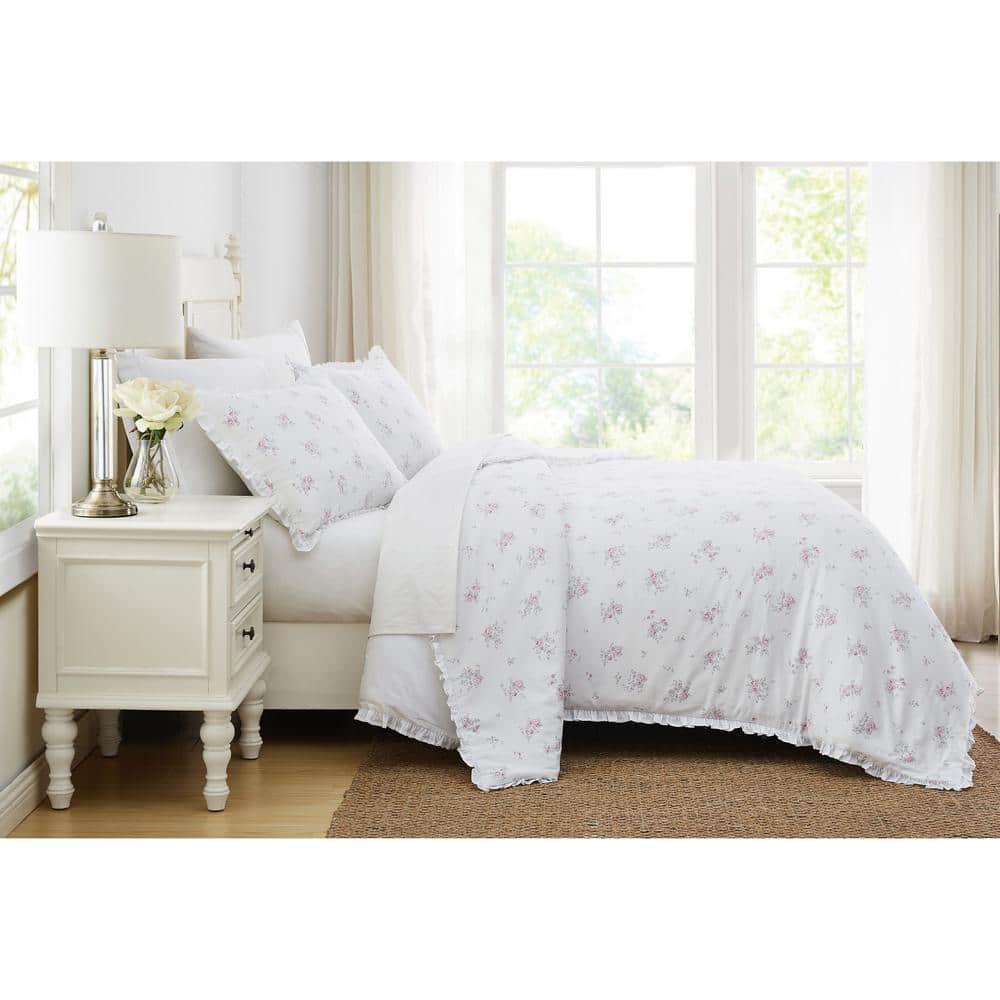 White and Pink Floral Cotton Twin Duvet Cover Set