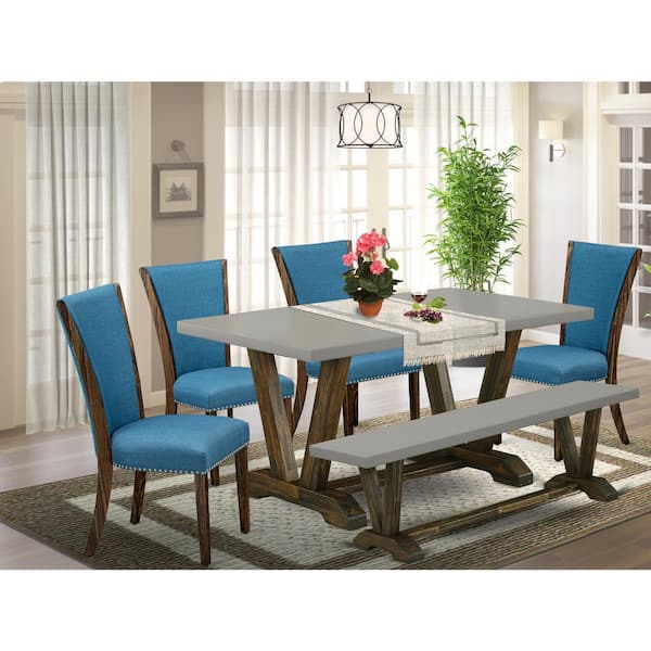 East West Furniture 6-Piece Rectangle Distressed Jacobean Finish Solid Wood Top Dining Table with 1-Bench, 4-Chairs with Lattice Back