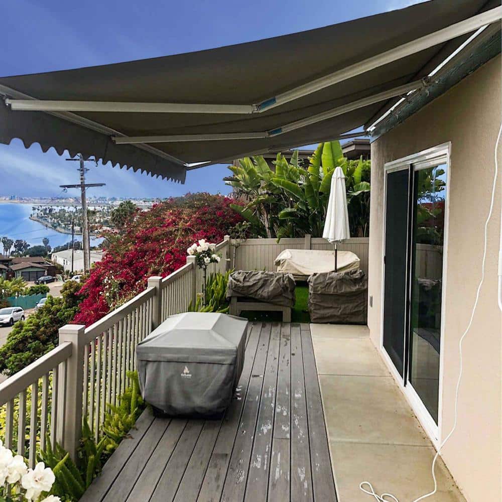 Gray Motorized Retractable Patio Awning with White Frame, 20' x 10'