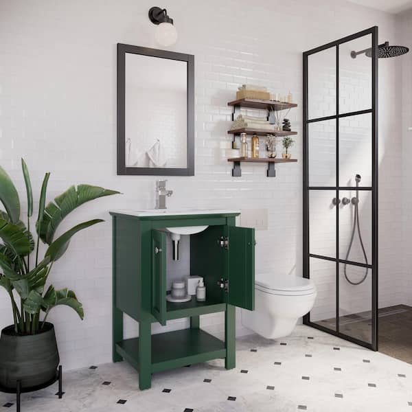 Manchester 24 in. Single Sink Shaker-Style Dark Green Bath Vanity with White Quartz Top and Integrated Sink