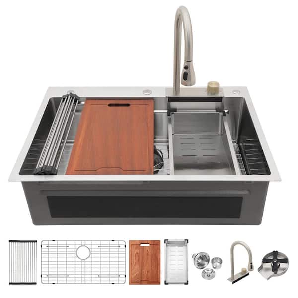 33 in. Drop-in Single Bowl 16 Gauge Brushed Nickel Stainless Steel Kitchen Sink with Pull-Out Faucet and Workstation
