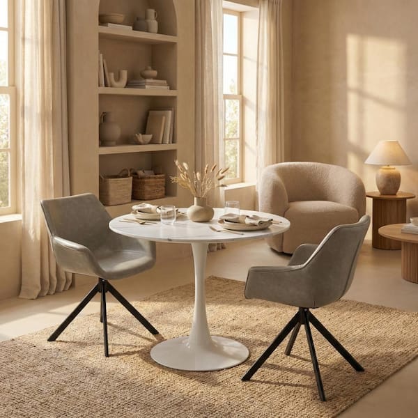 Bristol 27 in. Marbled White Round Bistro Table, White Metal Pedestal Base Beveled Modern Dining Café Table