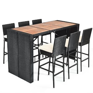 7-Piece Wicker Rectangular 43 in. Outdoor Dining Set with White Cushions