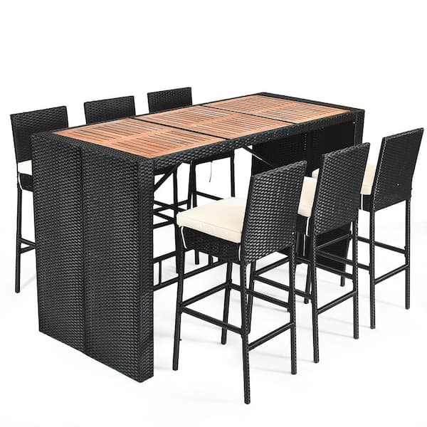 HONEY JOY 7-Piece Wicker Rectangular 43 in. Outdoor Dining Set with White Cushions