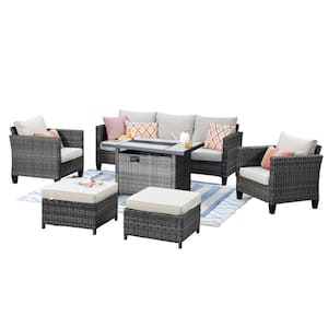 New Vultros Gray 6-Piece Wicker Patio Fire Pit Conversation Seating Set with Beige Cushions