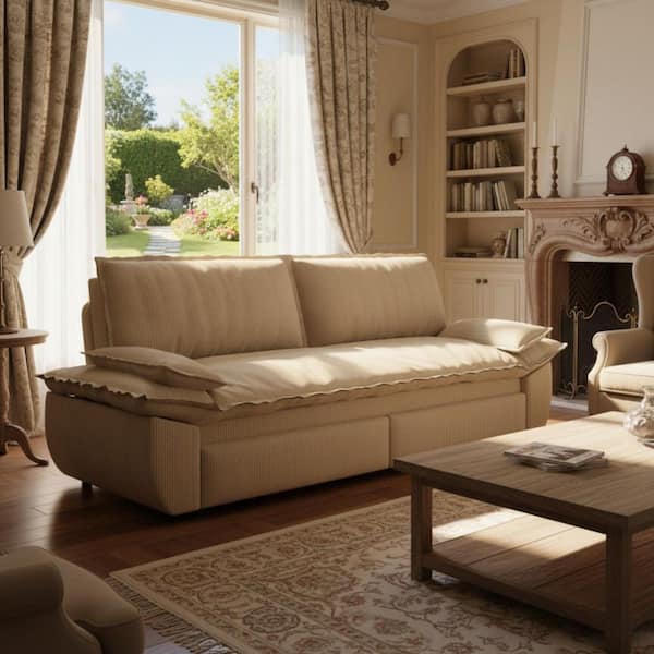 XIUM 73.2 in. Solid Corduroy 2-Seat Convertible with Pull-Out Queen Bed Loveseat in Oatmeal Beige