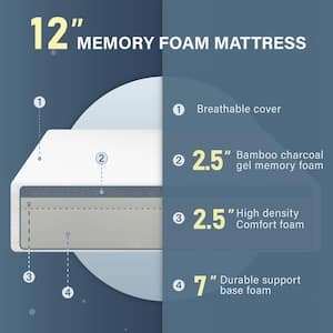 Nixy King Medium Memory Foam 12 in. Bed-in-a-Box CertiPUR-US Bamboo Charcoal Mattress