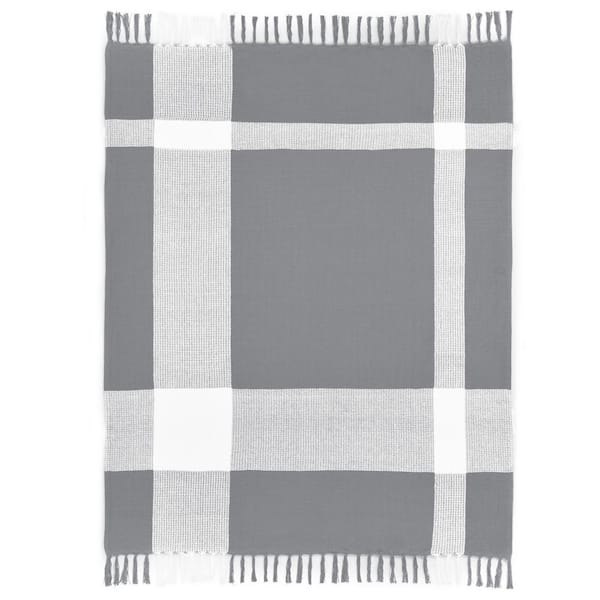 Unbranded Hailee Grey/White Hand-Woven Plaid Farmhouse All Natural Cotton Throw Blanket