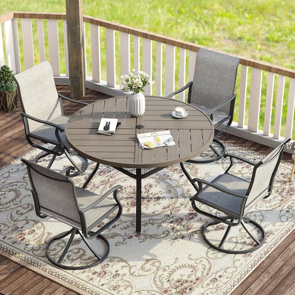 5-Piece Metal Patio Dining Set with 40.6 in. Grey Wood-Like Round Dining Table and 4 Grey Textilene Swivel Dining Chairs