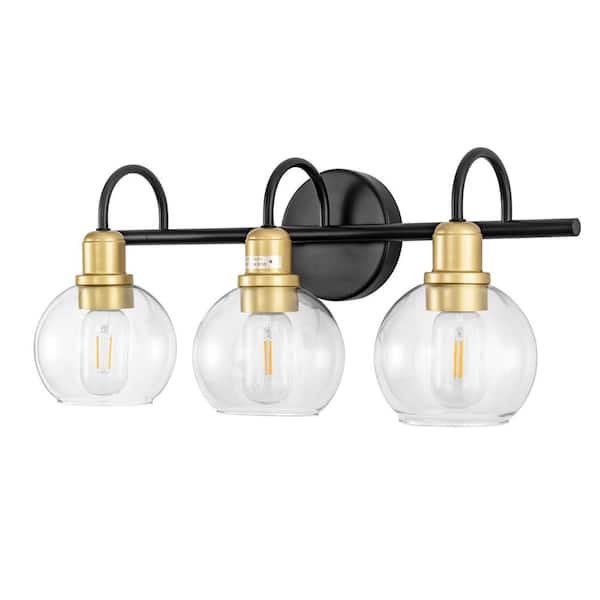 20 in. 3-Light Matte Black and Gold Industrial 3-Light Bathroom Vanity Light with Clear Glass Globe Shades Bathroom