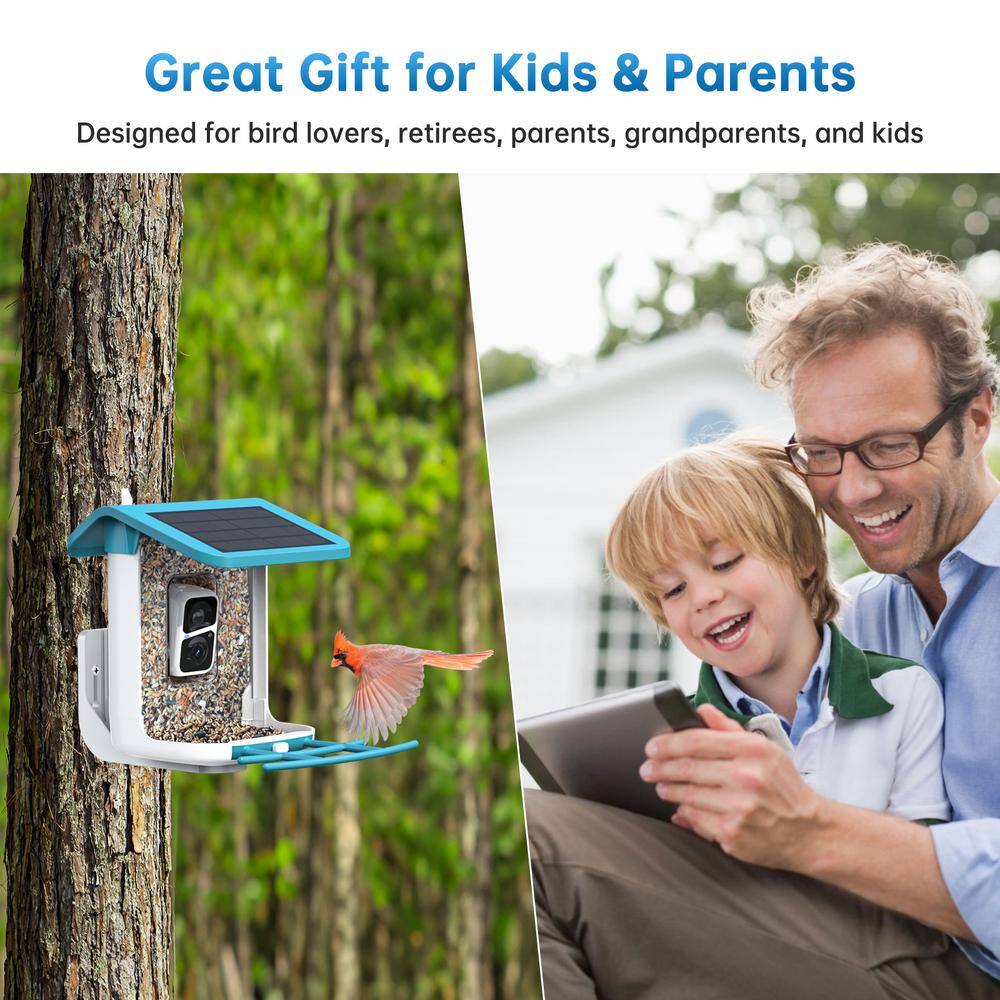 Blue and White Plastic Smart Bird Feeder with Camera
