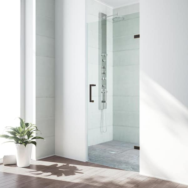 VIGO Soho 30 in. x 30-1/2 in. x 70.625 in. Frameless Hinged Shower Door in Antique Rubbed Bronze with Clear Glass and Handle
