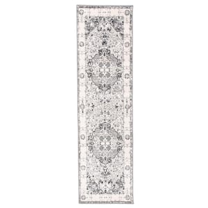 Traditional Distressed Medallion Runner Rug 2' x 7' Gray