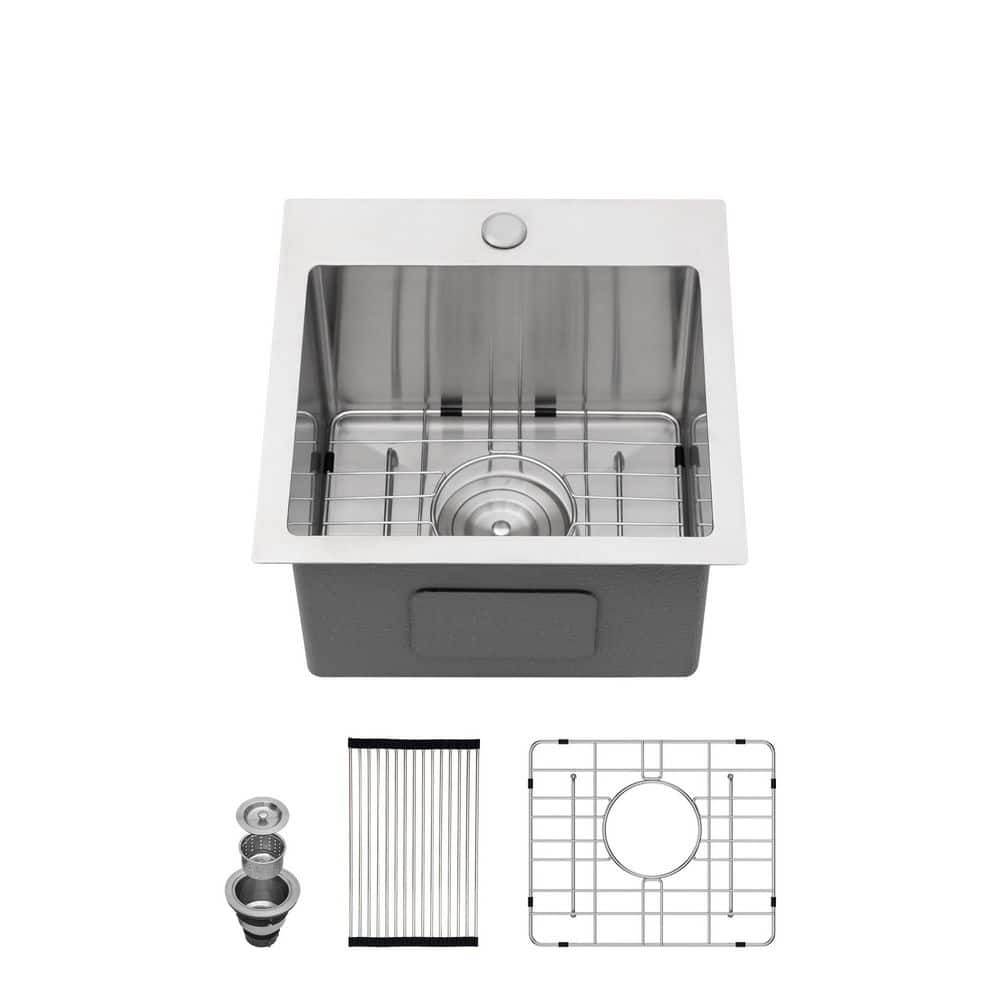 15 in. Drop-In Single Bowl 16 Gauge Brushed Nickel Stainless Steel Kitchen Sink with Dish Grid and Drain Assembly