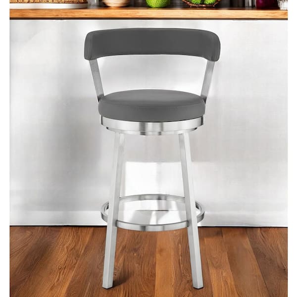 HomeRoots 26 in. Chic Grey Low Back Metal Bar Stools with Faux Leather Seat