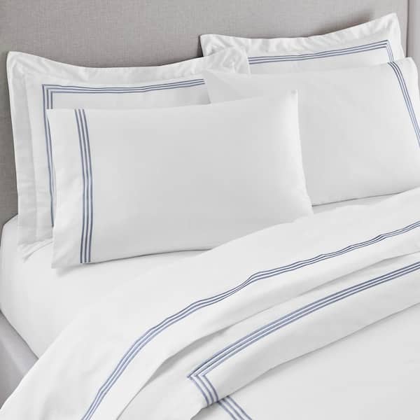 Home Decorators Collection 300 Thread Count Cotton White and Steel Blue Hotel Embroidered Border 4-Piece Full Sheet Set
