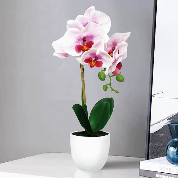 LIVING LUXURY 17 in. Lavender White Artificial Phalaenopsis Orchid Flower Arrangement in White Pot