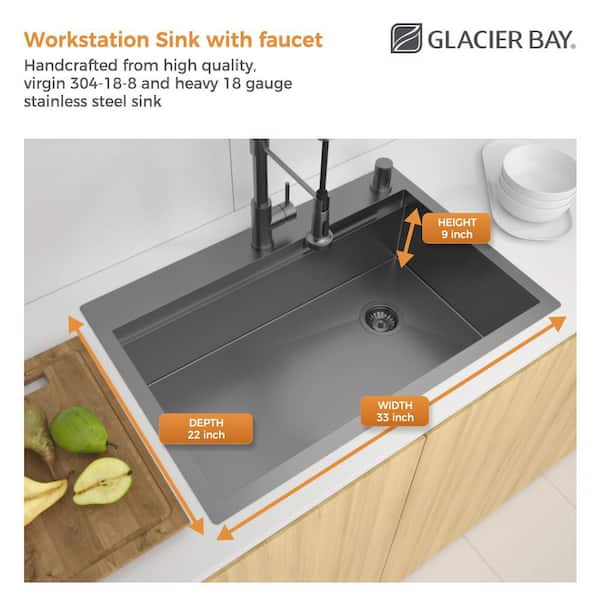 33 in Drop-In Single Bowl 18-Gauge Gunmetal Stainless Steel Workstation Kitchen Sink w/ Waterfall and Spring Neck Faucet