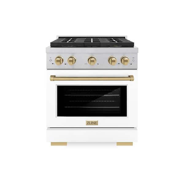 Autograph 30 in. 4.2 cu. ft. Dual Fuel Range with 4 Burners in Satin Stainless Steel with White Matte and Champagne