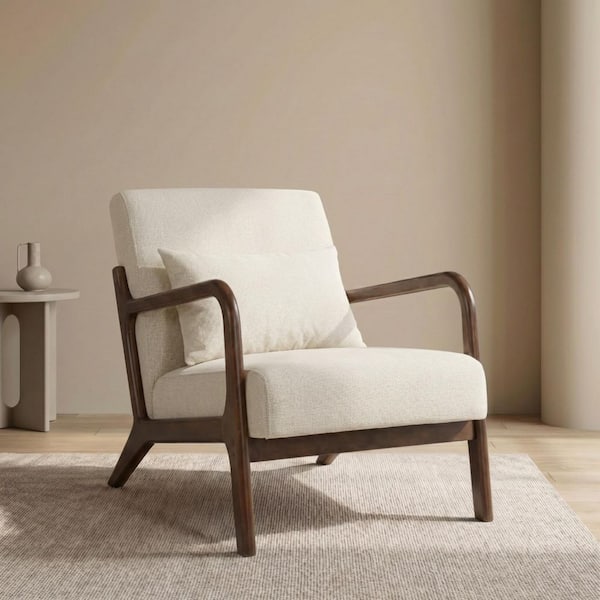 Modern Antique White and Brown Cotton Linen Upholstered Accent Arm Chair with Lumbar Pillow