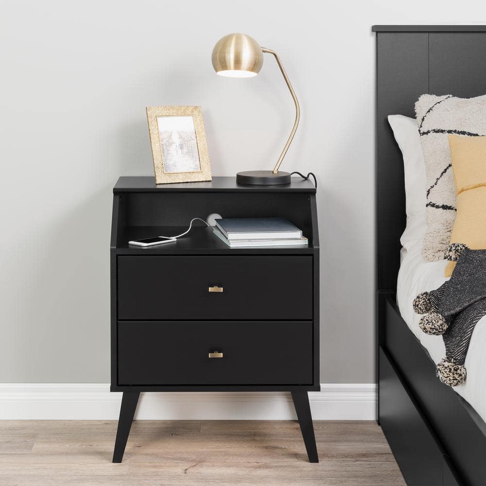 Milo Mid-Century Modern Black 2-Drawer Nightstand with Brass Knobs