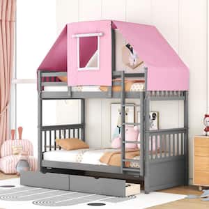 Detachable Gray Twin over Twin Wood Bunk Bed with Pink Tent, 2-Drawer and Built-in Ladder