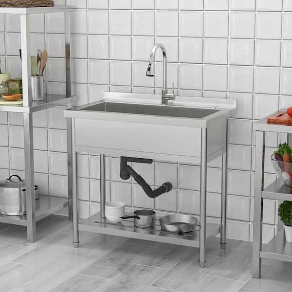 36 in. W x 21 in. D Freestanding Stainless Steel 1-Compartment Commercial Kitchen Sink with Faucet and Drain