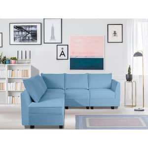 Contemporary 5-Piece Linen Upholstered Sectional Sofa Bed in Robin Egg Blue