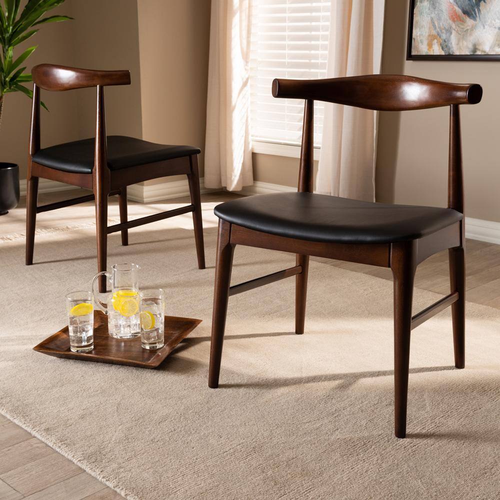 Mid-Century Modern Black Faux Leather Walnut Dining Chair Set