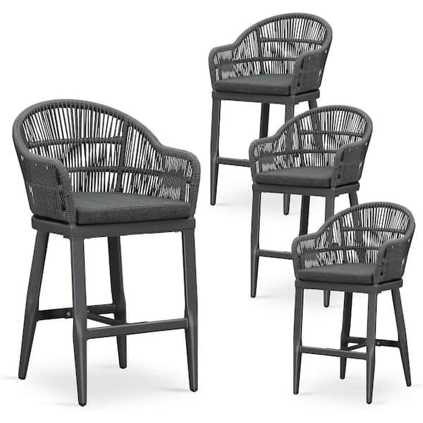 Modern Aluminum Rattan Counter Height Outdoor Bar Stool with Back and Grey Cushion (4-Pack)