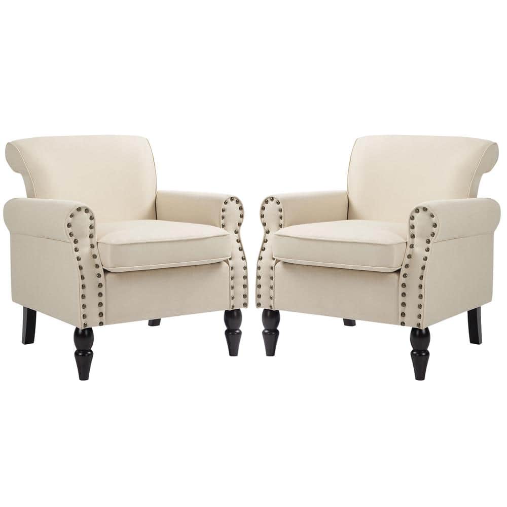 Uixe Beige Linen Nailhead Trim Upholstered Accent Armchair