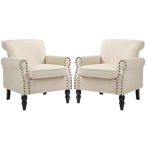 Beige Linen Nailhead Trim Upholstered Accent Armchair With Solid Wood Legs(Set of 2)