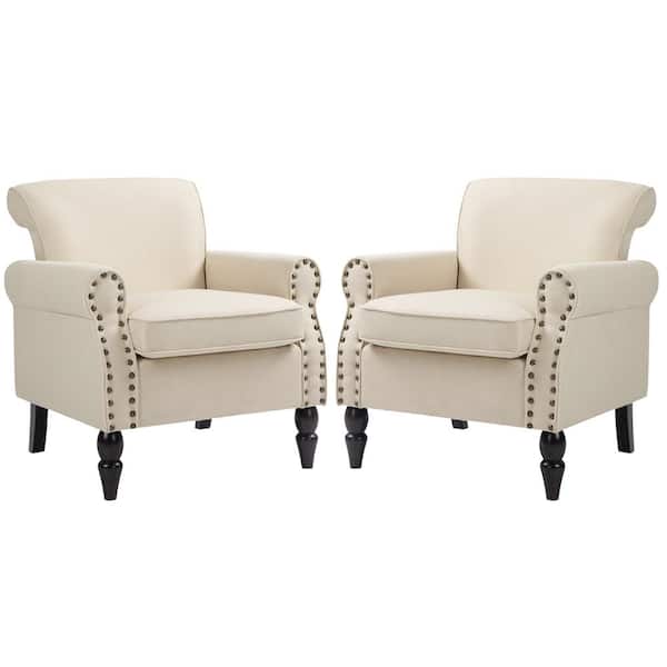 Uixe Beige Linen Nailhead Trim Upholstered Accent Armchair With Solid Wood Legs(Set of 2)
