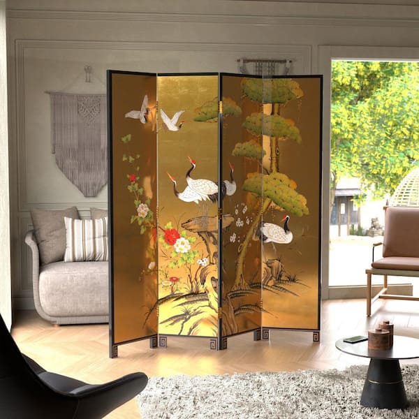 Red Lantern 6 ft. Gold 4-Panel Cranes Room Divider L3-MSS47CPGN-L