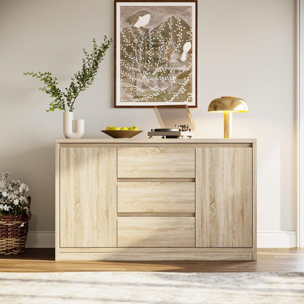 FUFU&GAGA Light Oak Wood Top 55.1 in. Sideboard with Hidden Gun