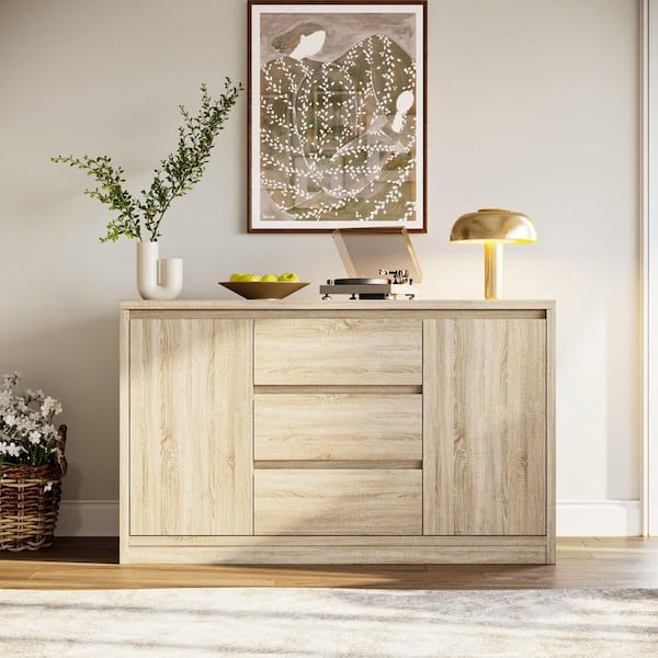 Light Oak Wood Top 55.1 in. Sideboard with Hidden Gun Storage, RFID-Activated Top Compartment Lift-Up Drawer Compartment