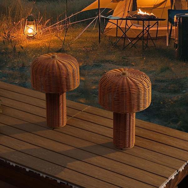 Mia 10 in. Indoor/Outdoor Faux Wicker Rechargeable Dimmable Integrated LED Table Lamp, Light Brown/Brown (Set of 2)