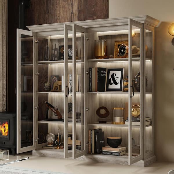 Gray Oak 68.5 in. Display Cabinet with Tempered Glass Doors and LED Strip Lighting, Anti-Tip Kit